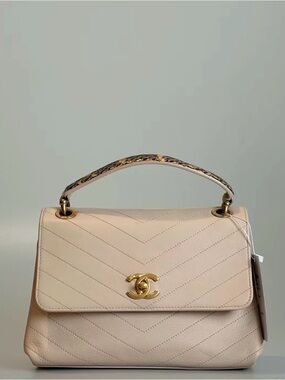 CHANEL Beige Chevron Quilted Top-Handle Satchel with Gold Hardware